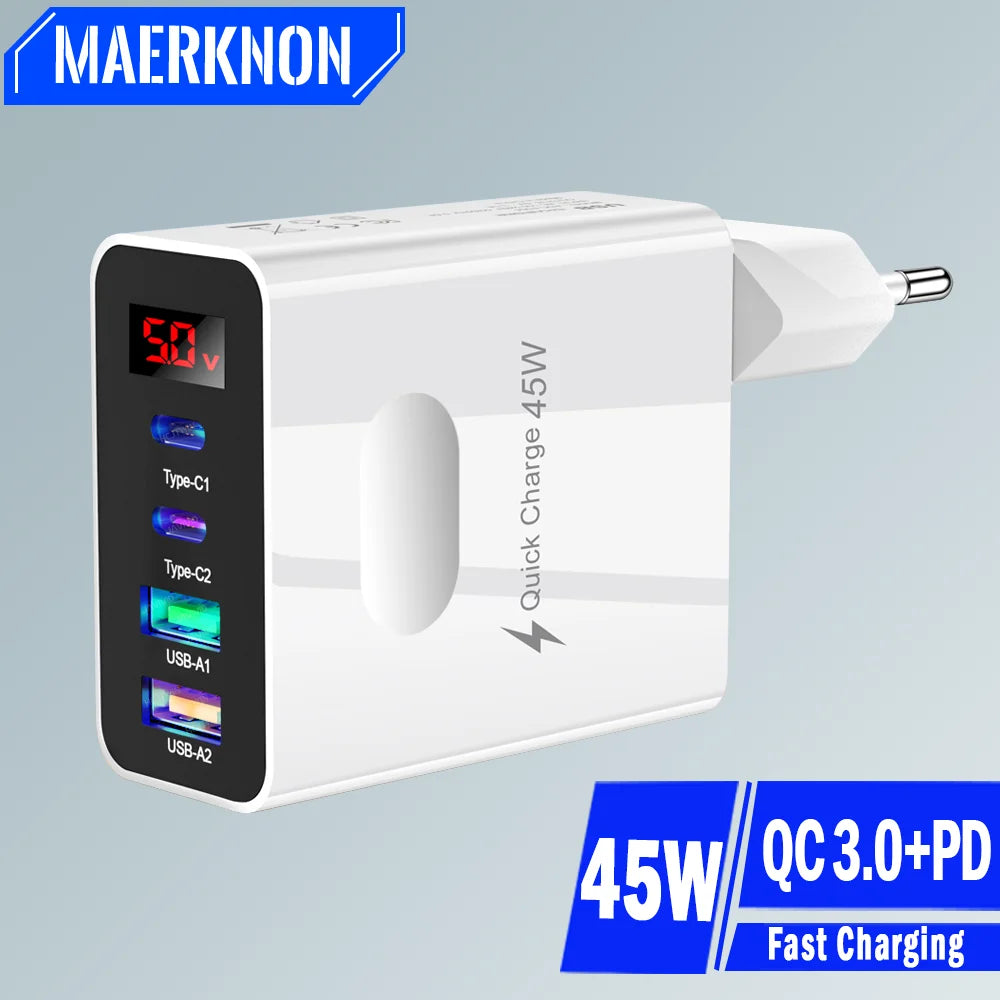 45W 4-Port USB-C Fast Charger with Digital Display – iPhone 15, Xiaomi, Huawei PD Adapter