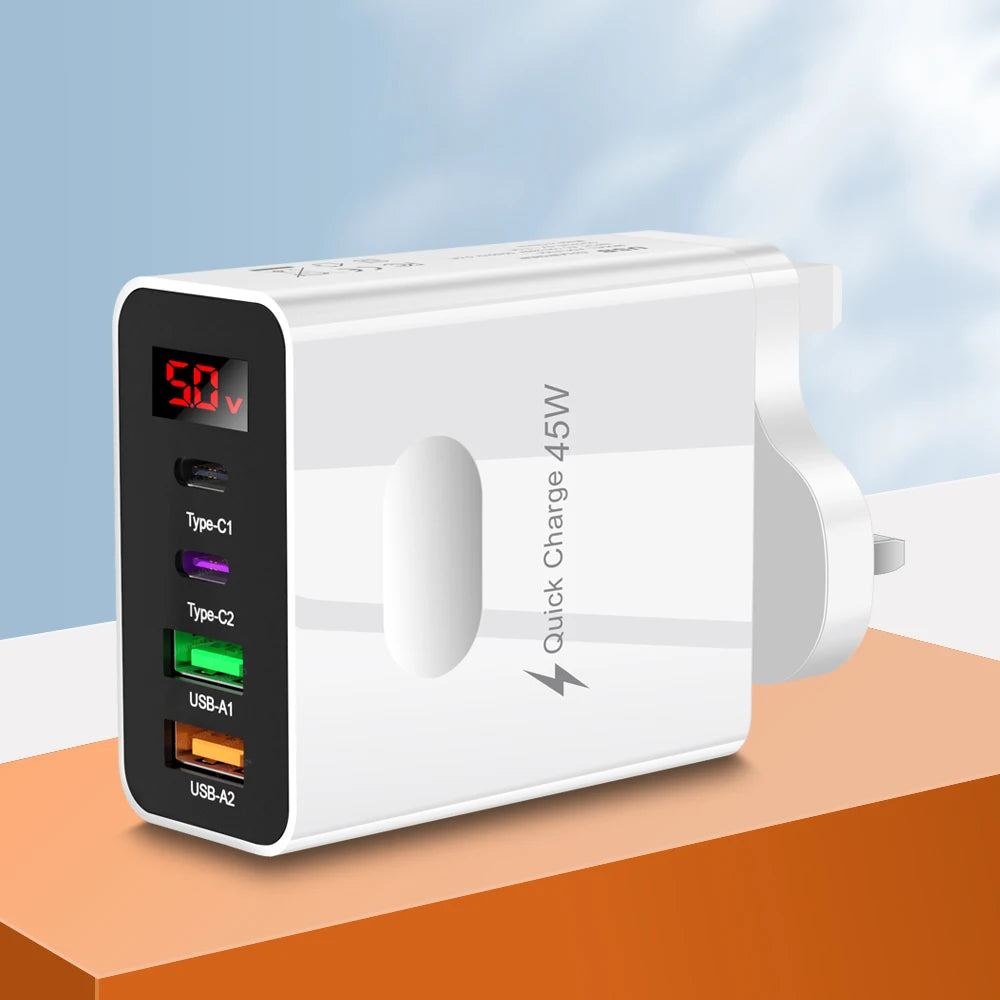 45W 4-Port USB-C Fast Charger with Digital Display – iPhone 15, Xiaomi, Huawei PD Adapter