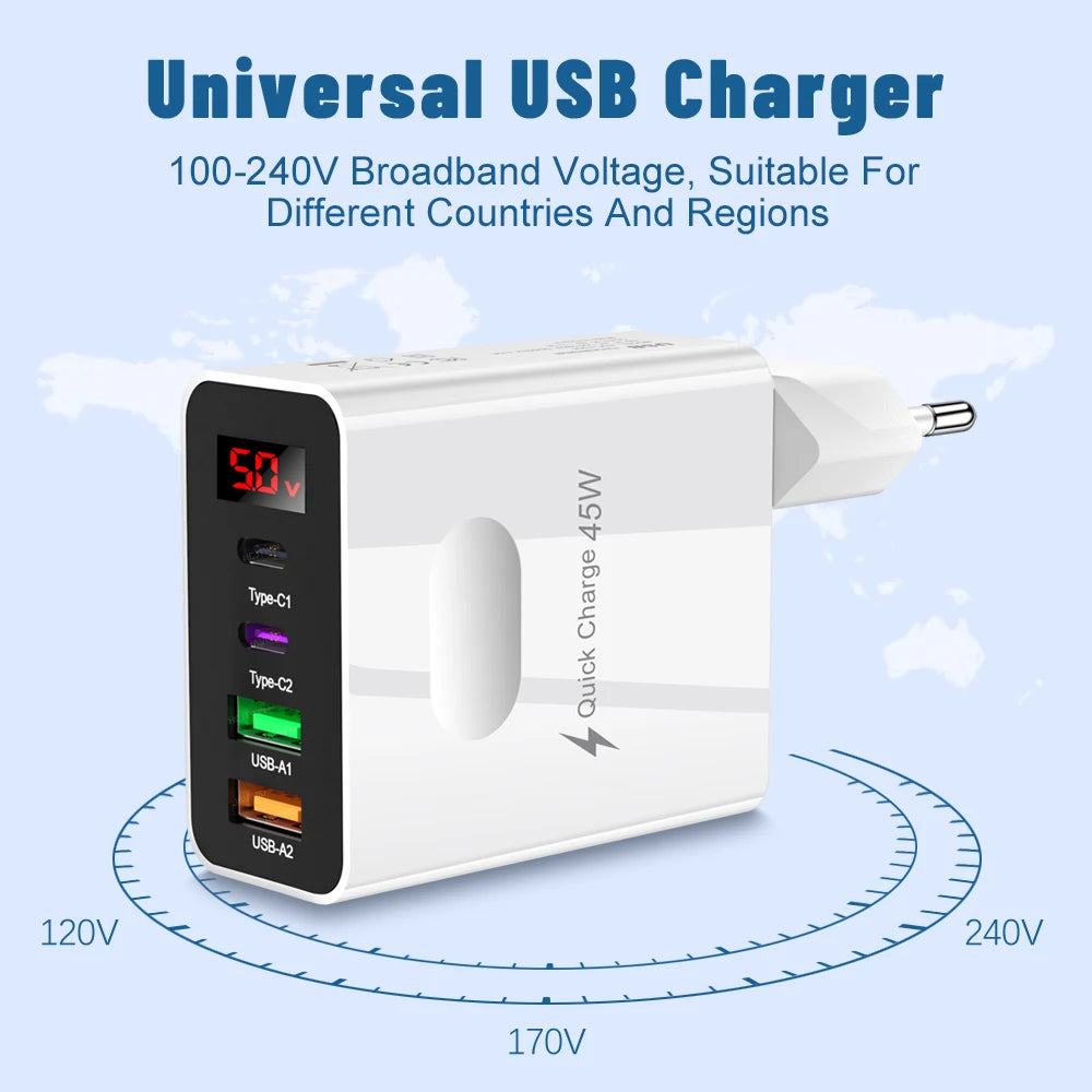 45W 4-Port USB-C Fast Charger with Digital Display – iPhone 15, Xiaomi, Huawei PD Adapter