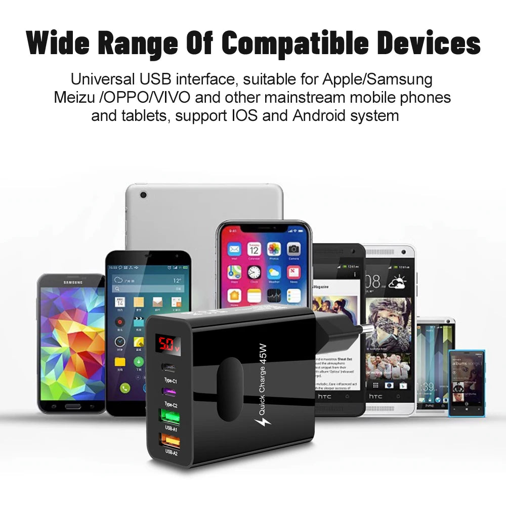 45W 4-Port USB-C Fast Charger with Digital Display – iPhone 15, Xiaomi, Huawei PD Adapter