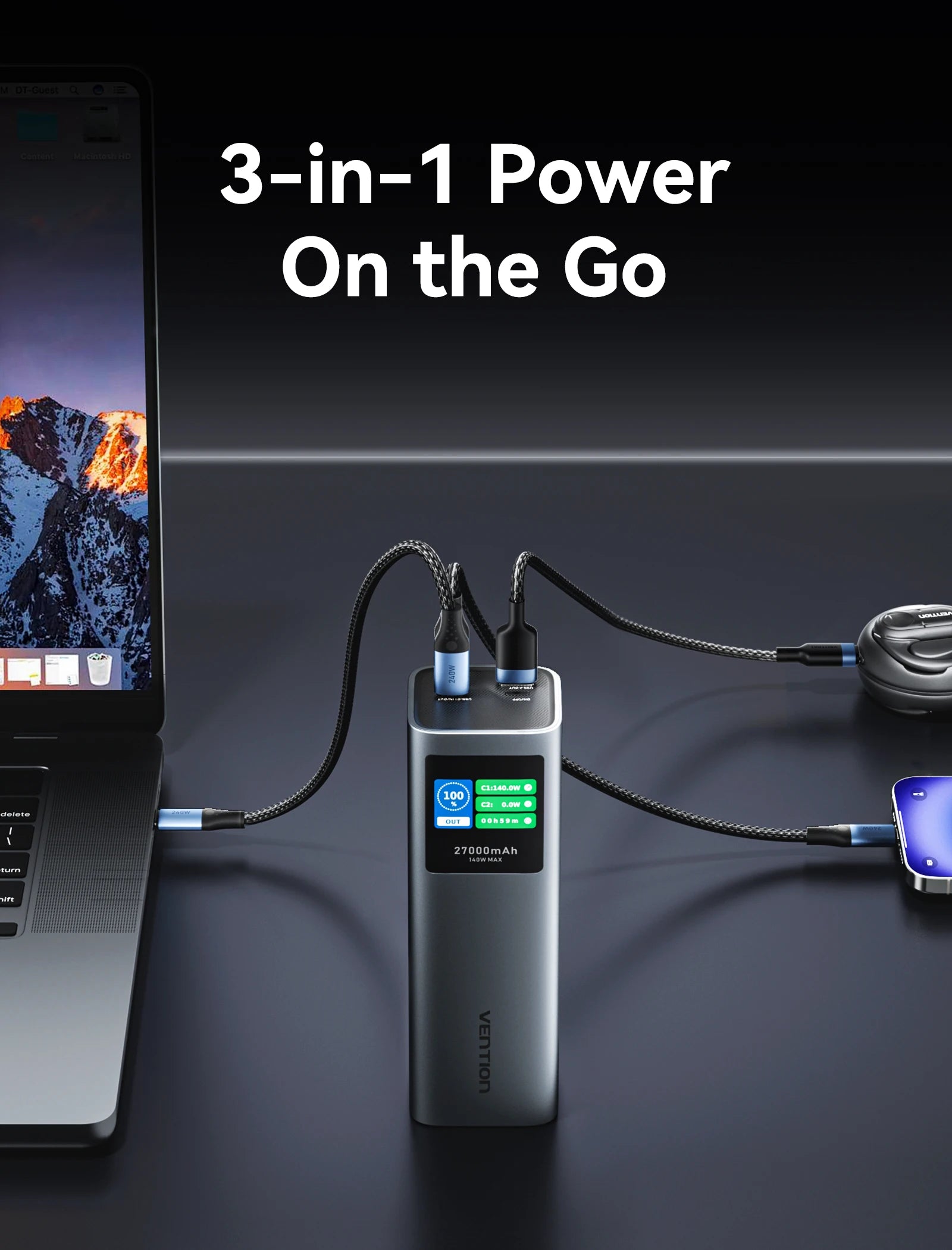 Vention 140W 27000mAh Power Bank – PD 100W for MacBook & Laptops