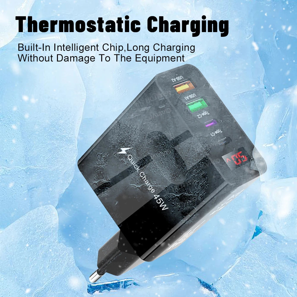 45W 4-Port USB-C Fast Charger with Digital Display – iPhone 15, Xiaomi, Huawei PD Adapter