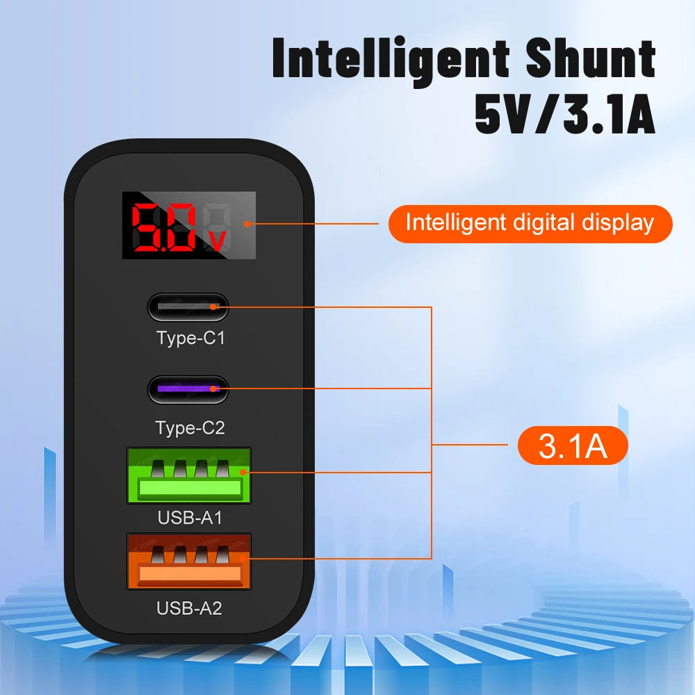 45W 4-Port USB-C Fast Charger with Digital Display – iPhone 15, Xiaomi, Huawei PD Adapter