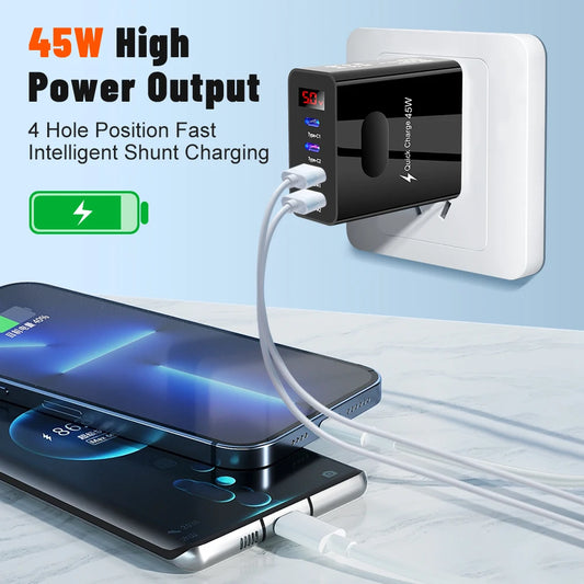 45W 4-Port USB-C Fast Charger with Digital Display – iPhone 15, Xiaomi, Huawei PD Adapter