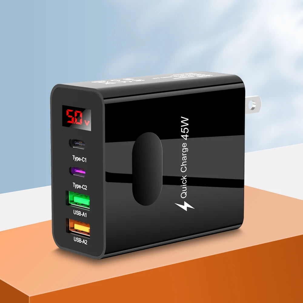 45W 4-Port USB-C Fast Charger with Digital Display – iPhone 15, Xiaomi, Huawei PD Adapter
