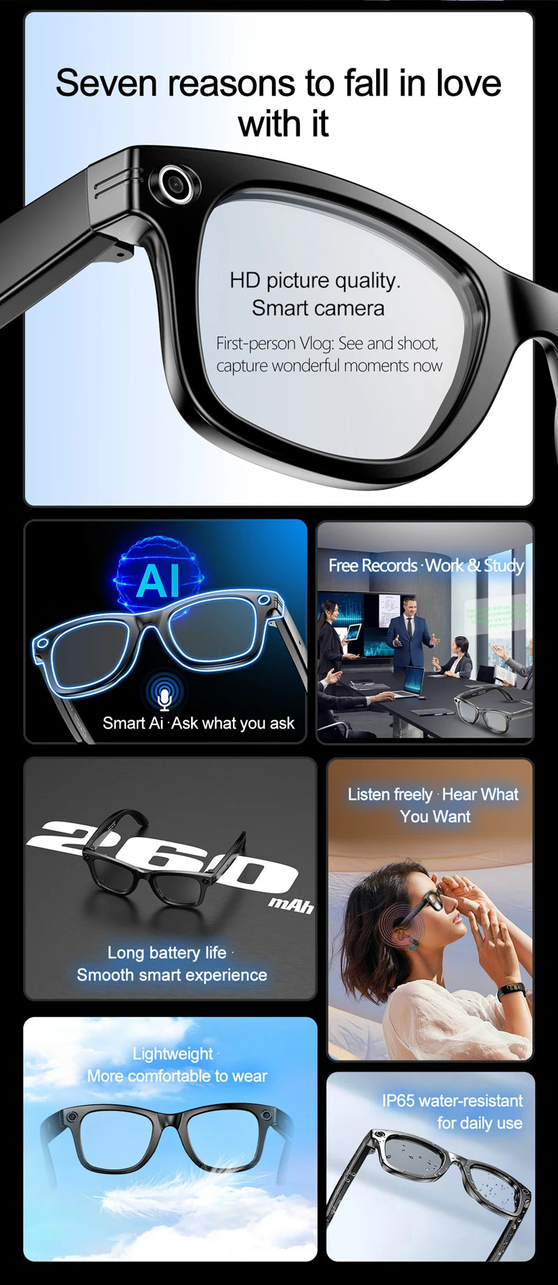 AI Smart Glasses with Camera – Bluetooth Music & Call, IP65 Waterproof