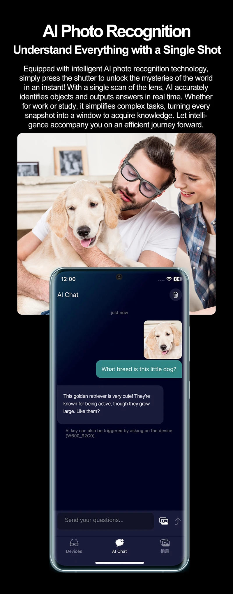 AI Smart Glasses with Camera – Bluetooth Music & Call, IP65 Waterproof
