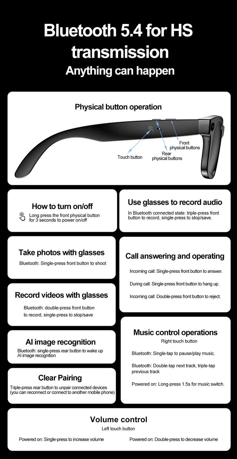 AI Smart Glasses with Camera – Bluetooth Music & Call, IP65 Waterproof