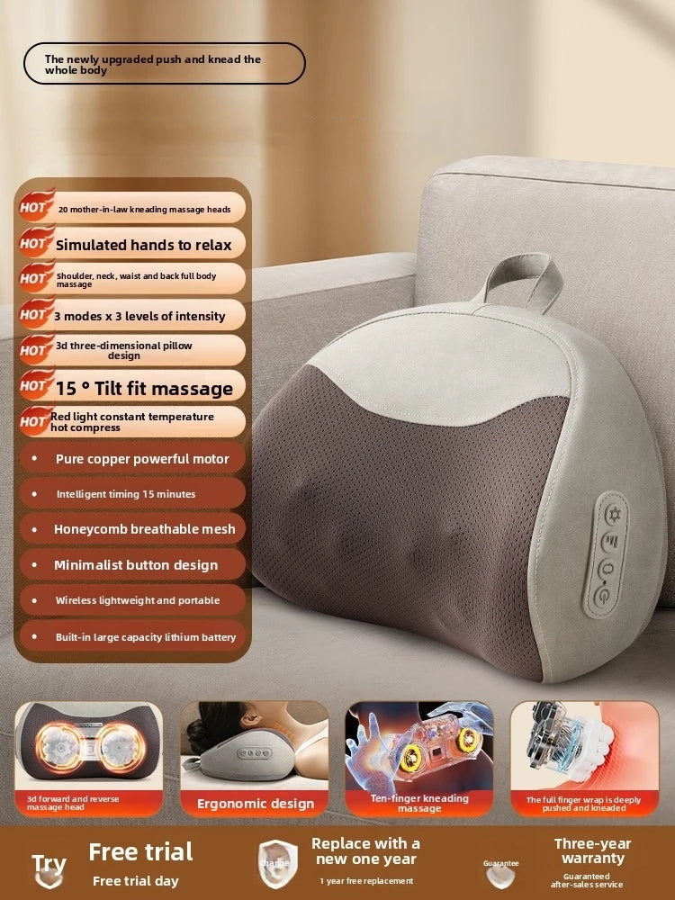 Cervical Massage Bed Pillow Electric Shiatsu Neck Shoulder Relaxation 3D Deep Tissue Kneading Waist Legs Ideal For Home Office