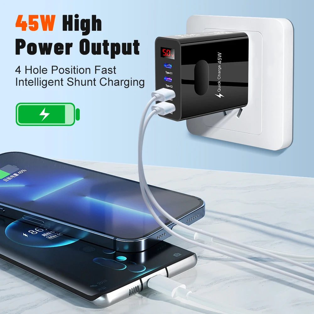 45W 4-Port USB-C Fast Charger with Digital Display – iPhone 15, Xiaomi, Huawei PD Adapter