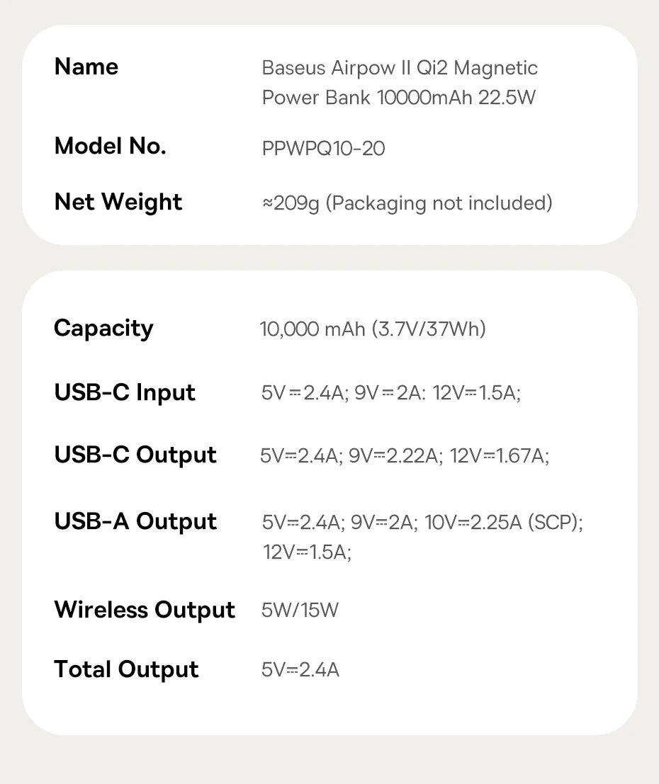 Baseus Qi2 10000mAh Magnetic Power Bank – 15W Wireless & 22.5W Wired Charging