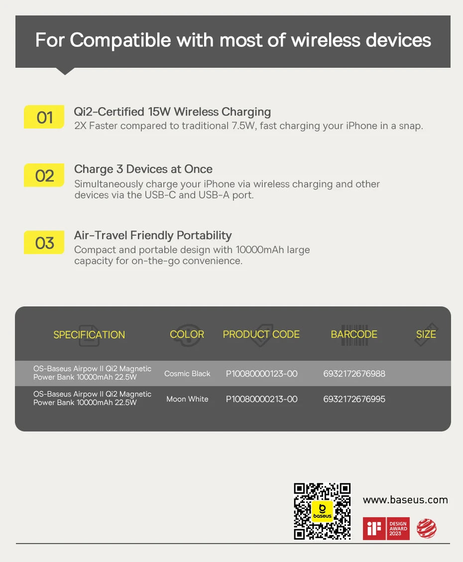 Baseus Qi2 10000mAh Magnetic Power Bank – 15W Wireless & 22.5W Wired Charging