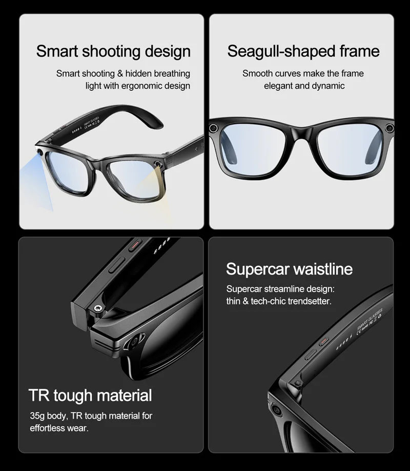 AI Smart Glasses with Camera – Bluetooth Music & Call, IP65 Waterproof
