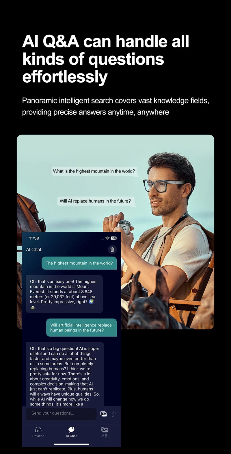 AI Smart Glasses with Camera – Bluetooth Music & Call, IP65 Waterproof