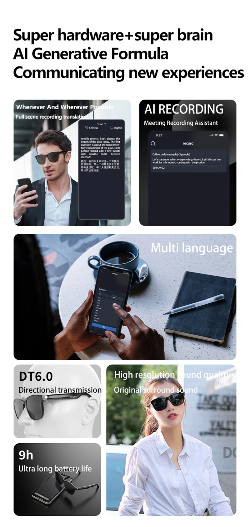 Xiaomi HY-C8 AI Smart Glasses Intelligent Translation Wireless Bluetooth Glasses Real-time Simultaneous Interpretation Headset